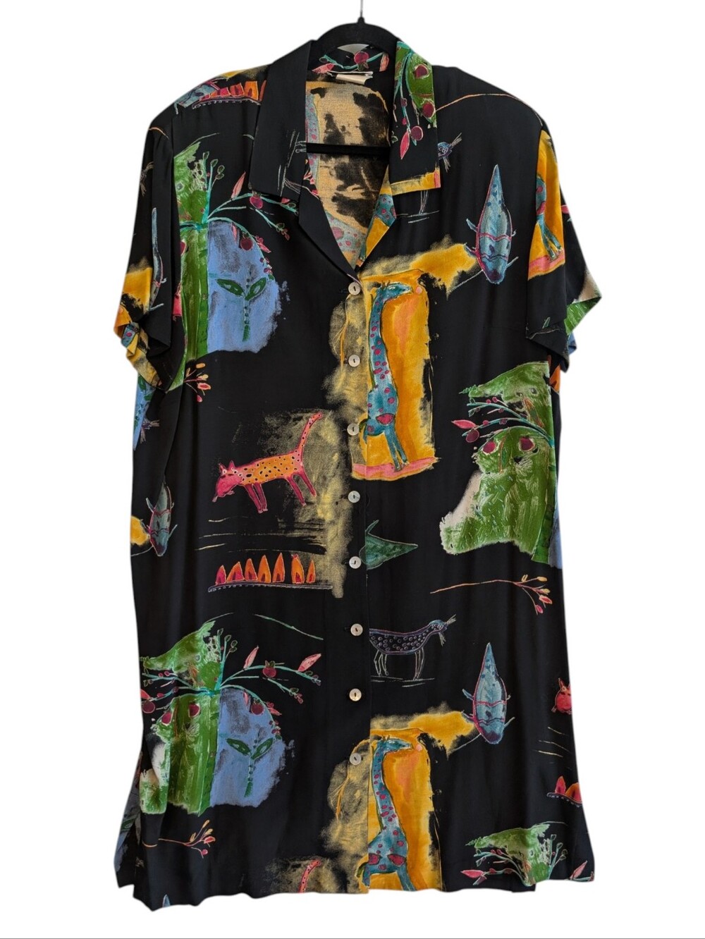 Vtg Jeffrey & Dara Button Down Rayon Dress Artsy Colorful Animals Vacation Sz 10